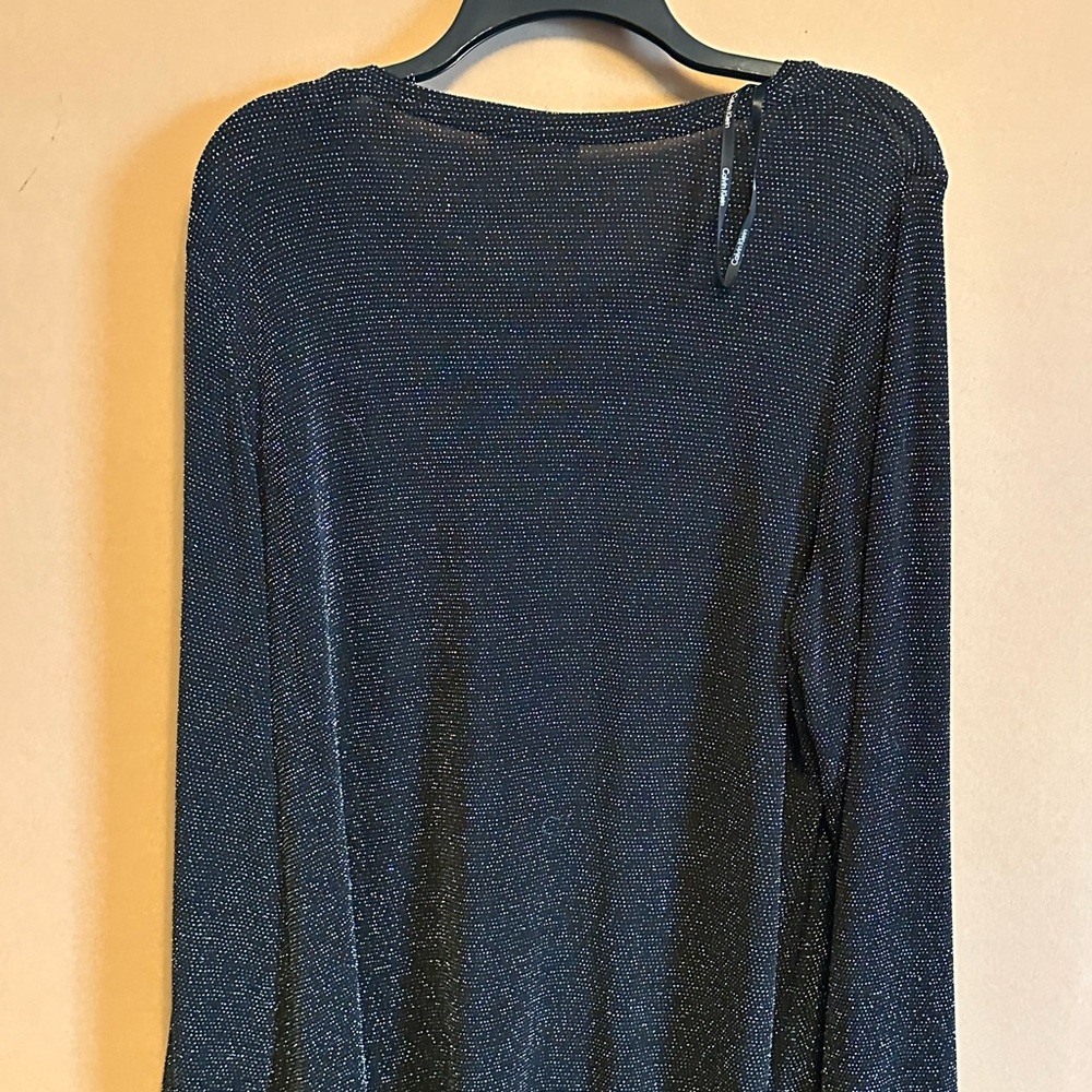 NWOT, Calvin Klein long tunic  black and silver polyester , slanted hem